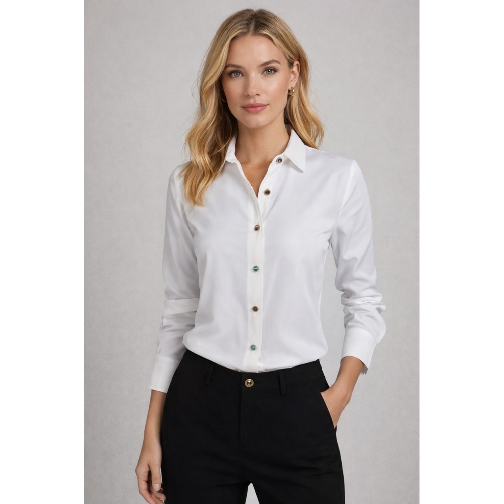 Amanda Uprichard White Jewel Button Down Long Sleeve Women Medium Work Old Money